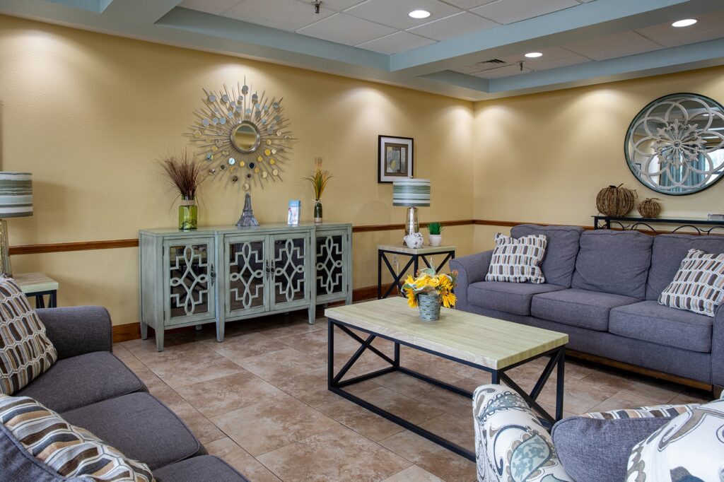 Comfortable seating area with decorative elements.
