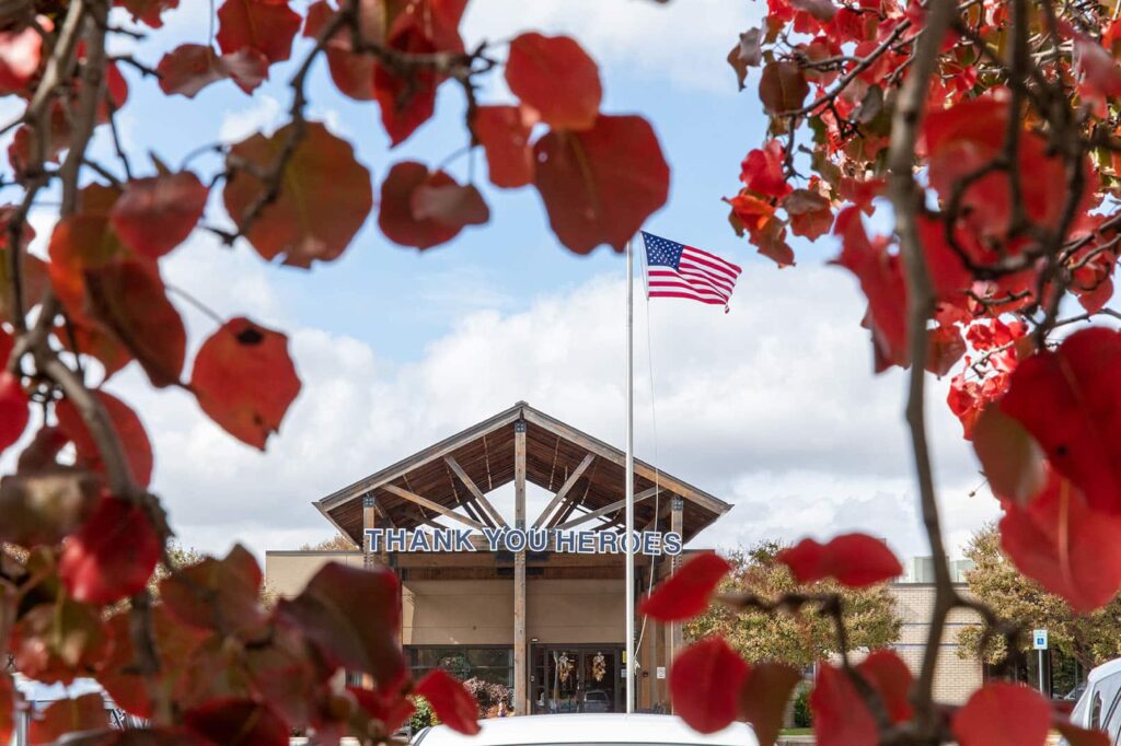 Exterior view of the facility with fall foliage