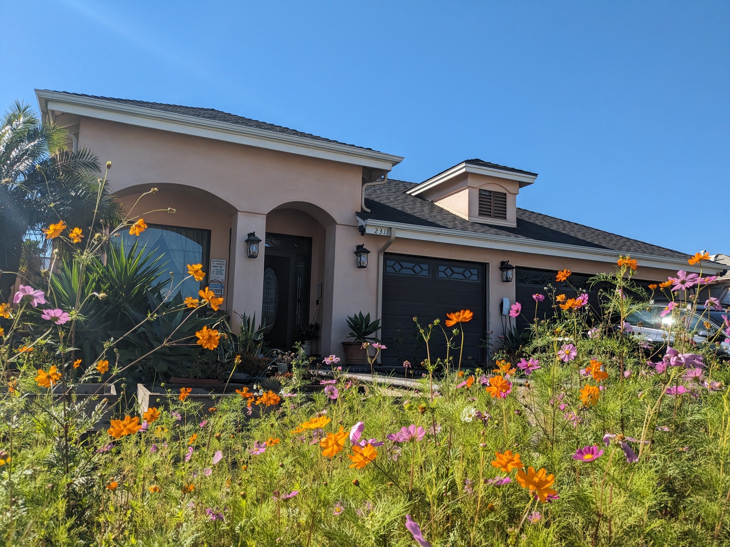 Exterior view of a residential building with flowers