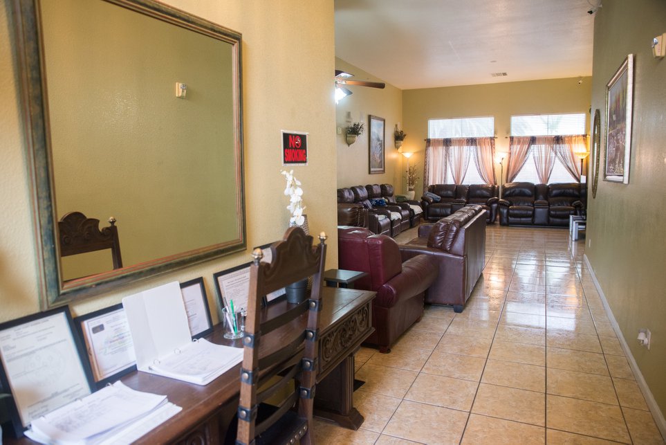 Interior view of a common area with seating and decorative elements