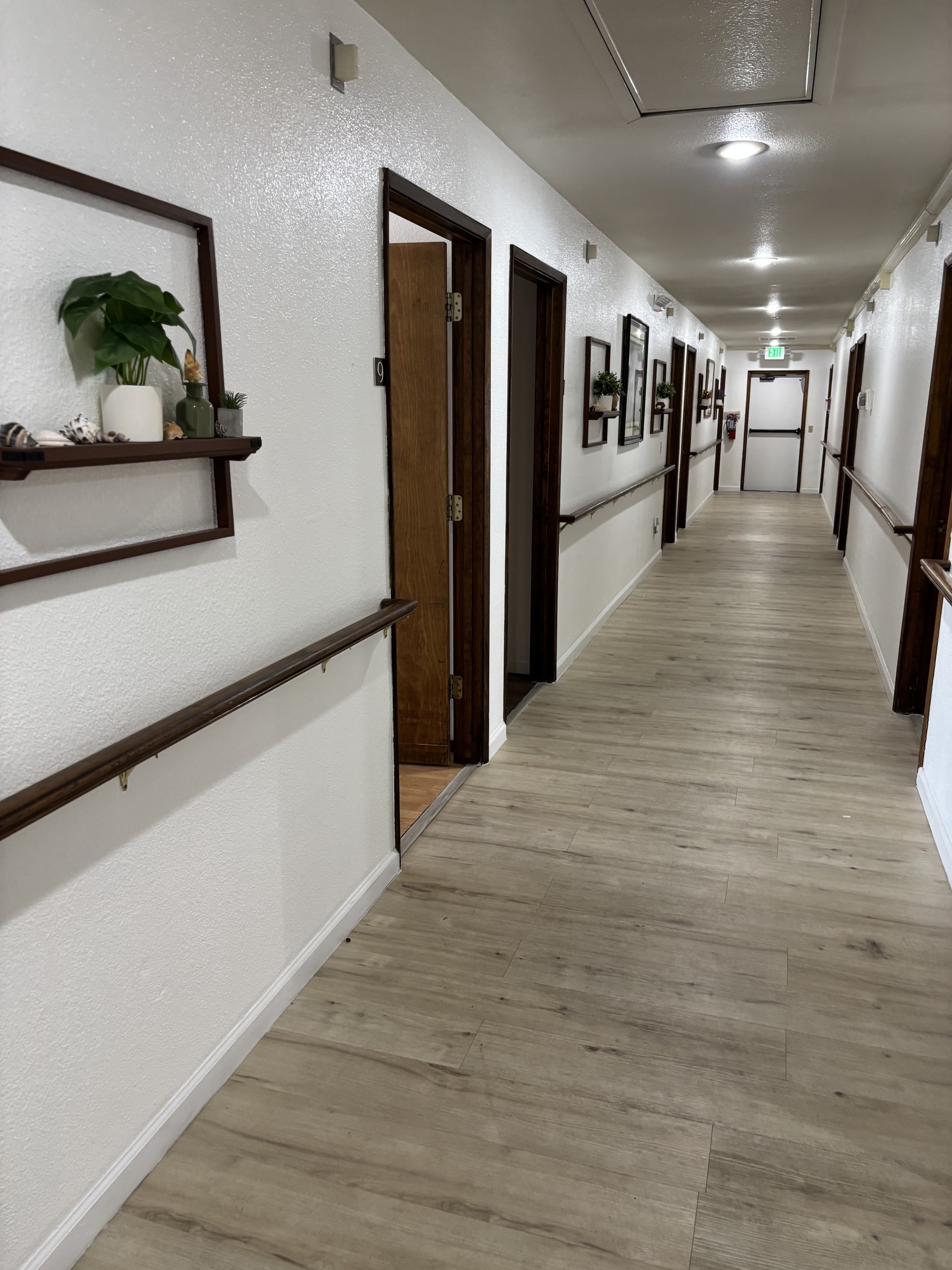 Bright hallway with wooden doors and decorations