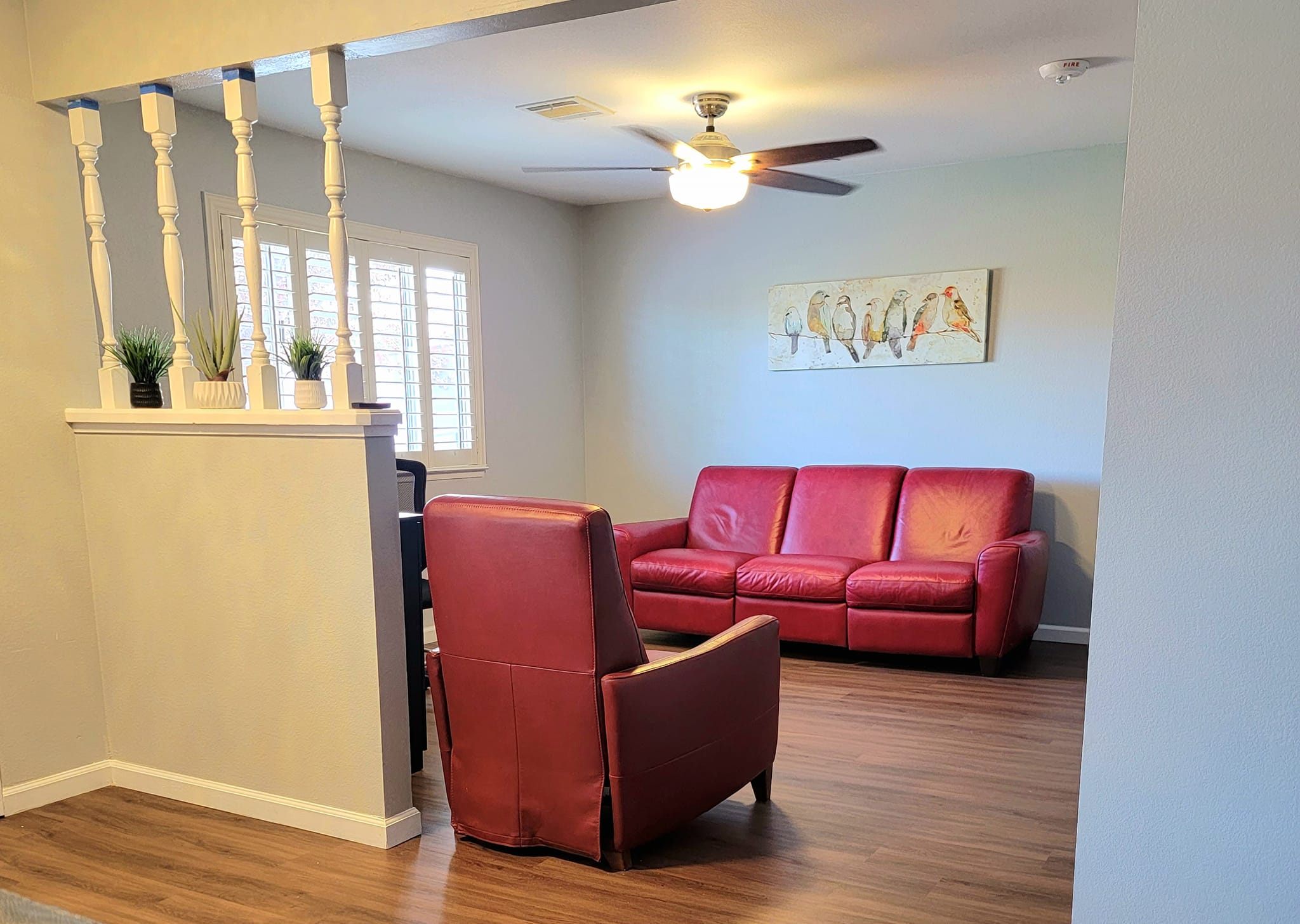 Bright, inviting common area with seating
