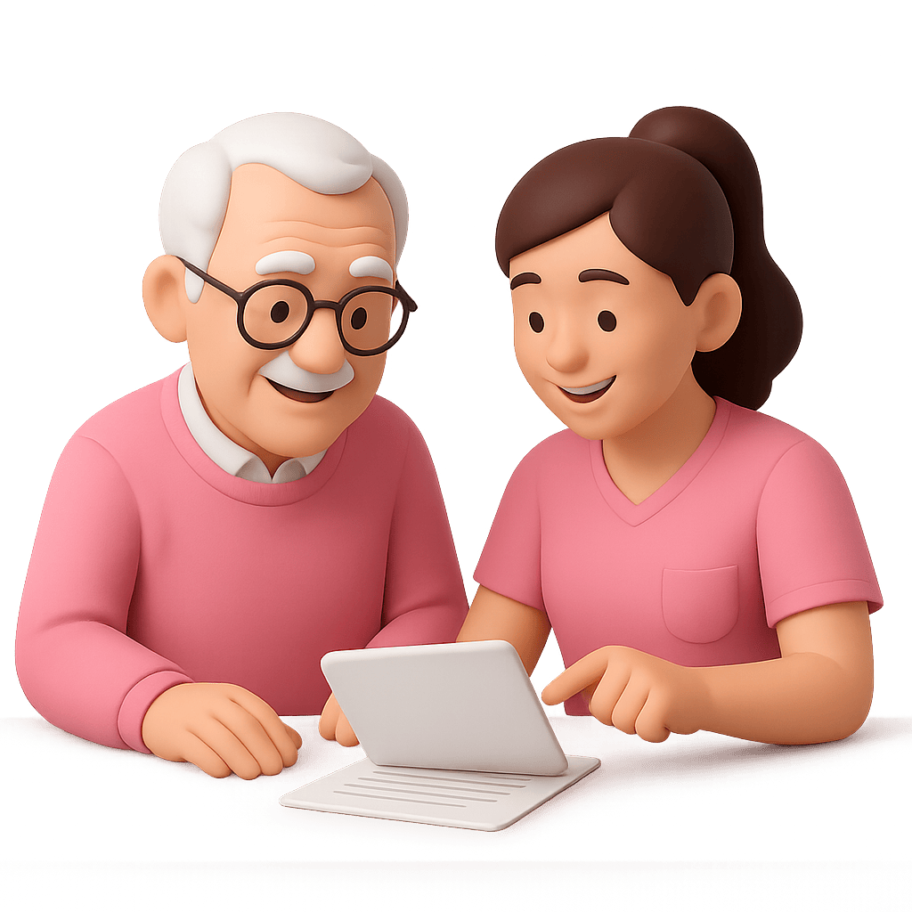 Grandparent and advisor looking at tablet