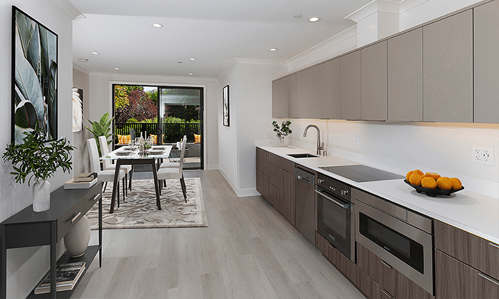 Bright interior kitchen and dining area