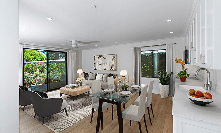 Bright and inviting interior common area with seating