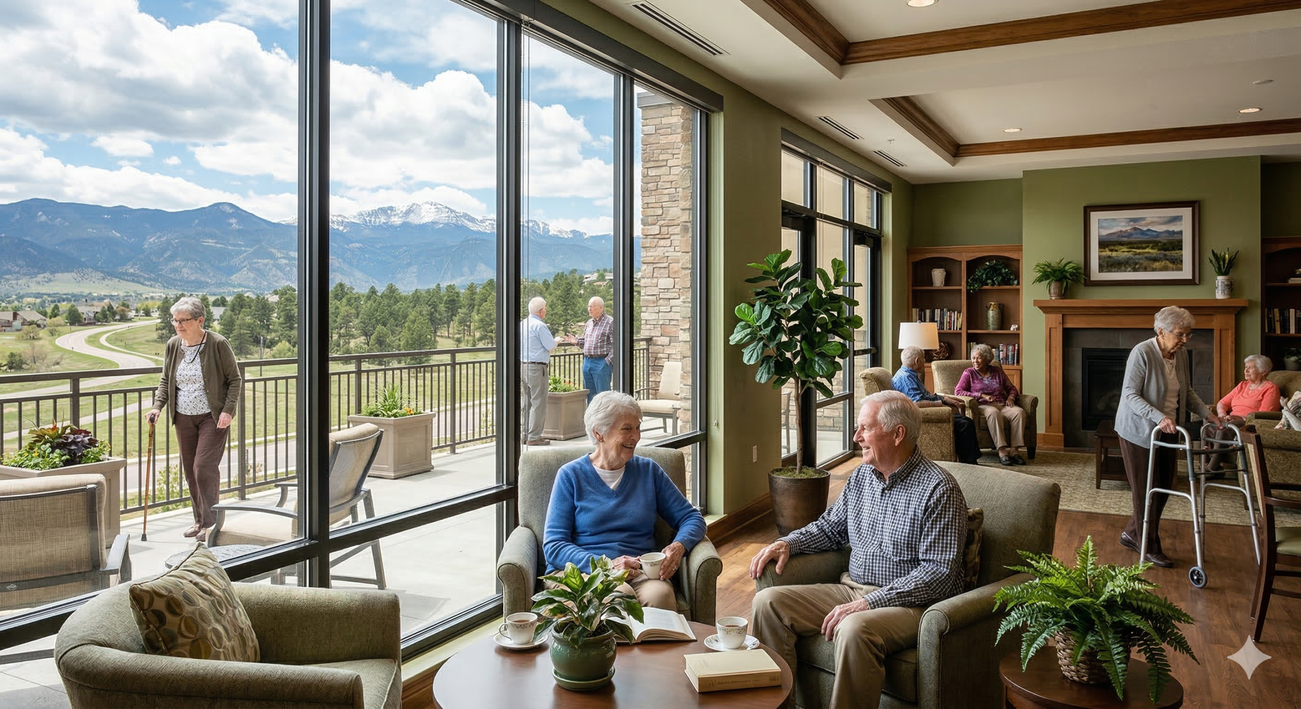 Residents socializing in a bright common area with scenic views