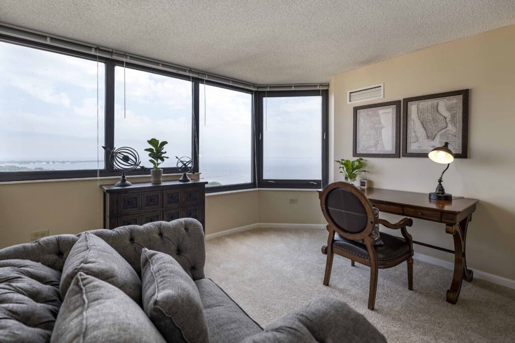 Bright facility interior with a view