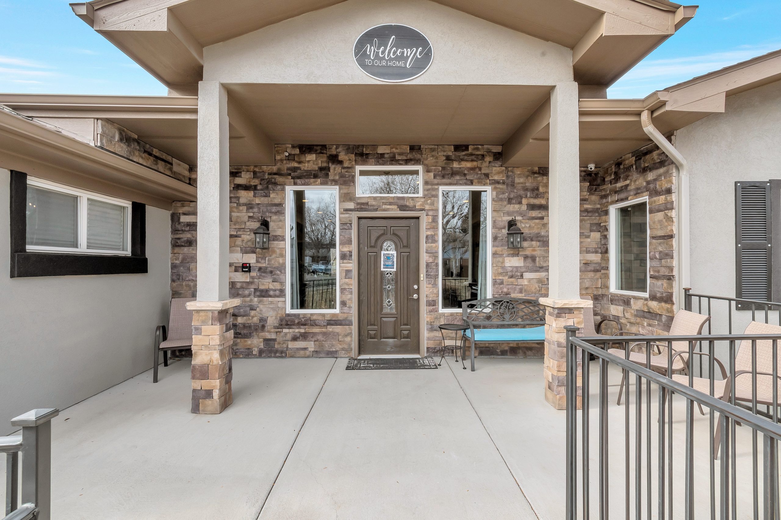 Exterior view of a senior living facility entrance