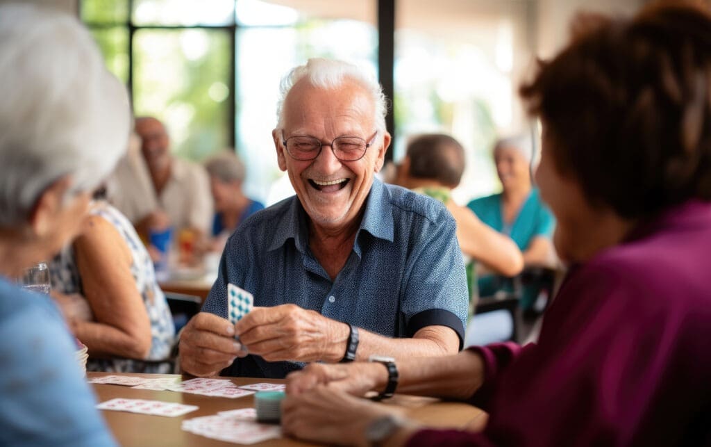 Residents enjoying a lively game of cards in the common area