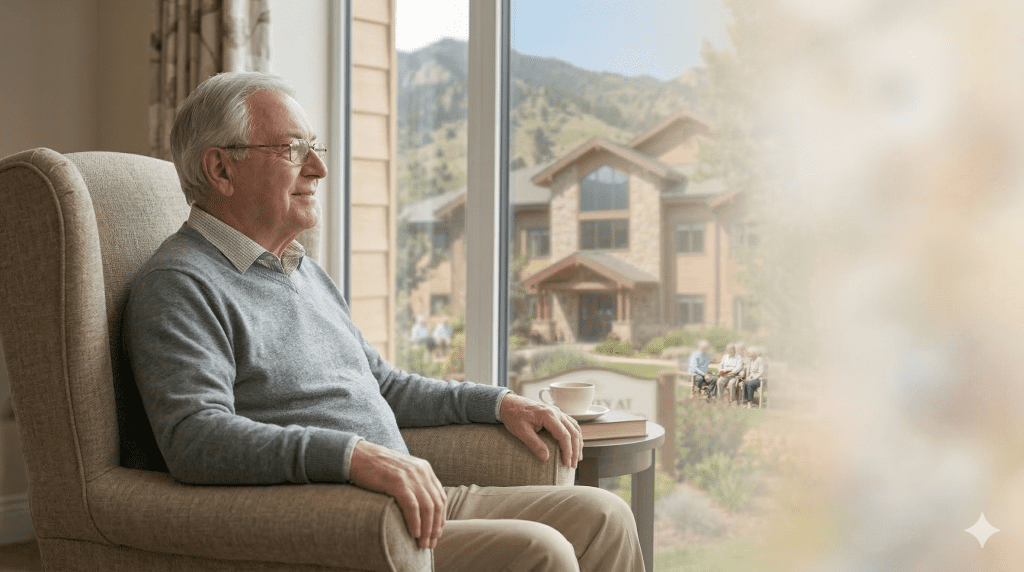 Elderly man sitting comfortably indoors with a view of the facility garden