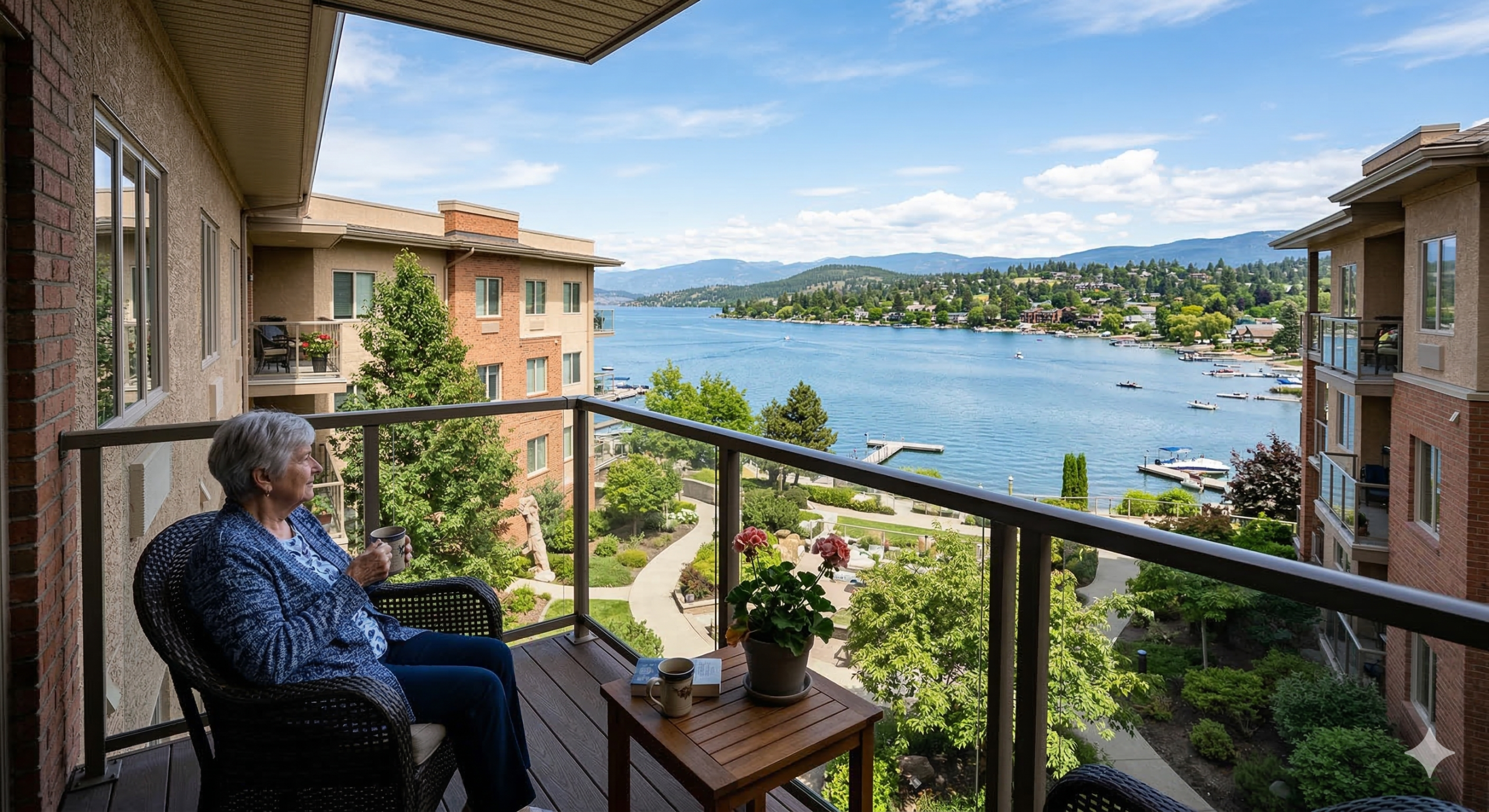 Resident enjoying a view from a balcony by the lake