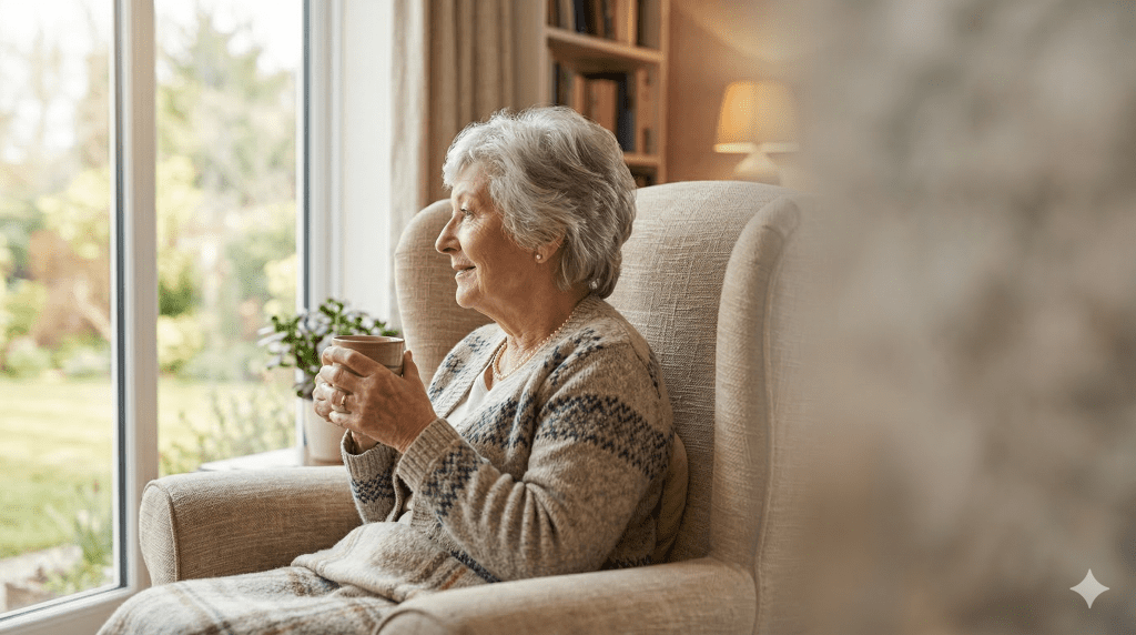 Elderly woman enjoying a cup of tea in a cozy chair by the window