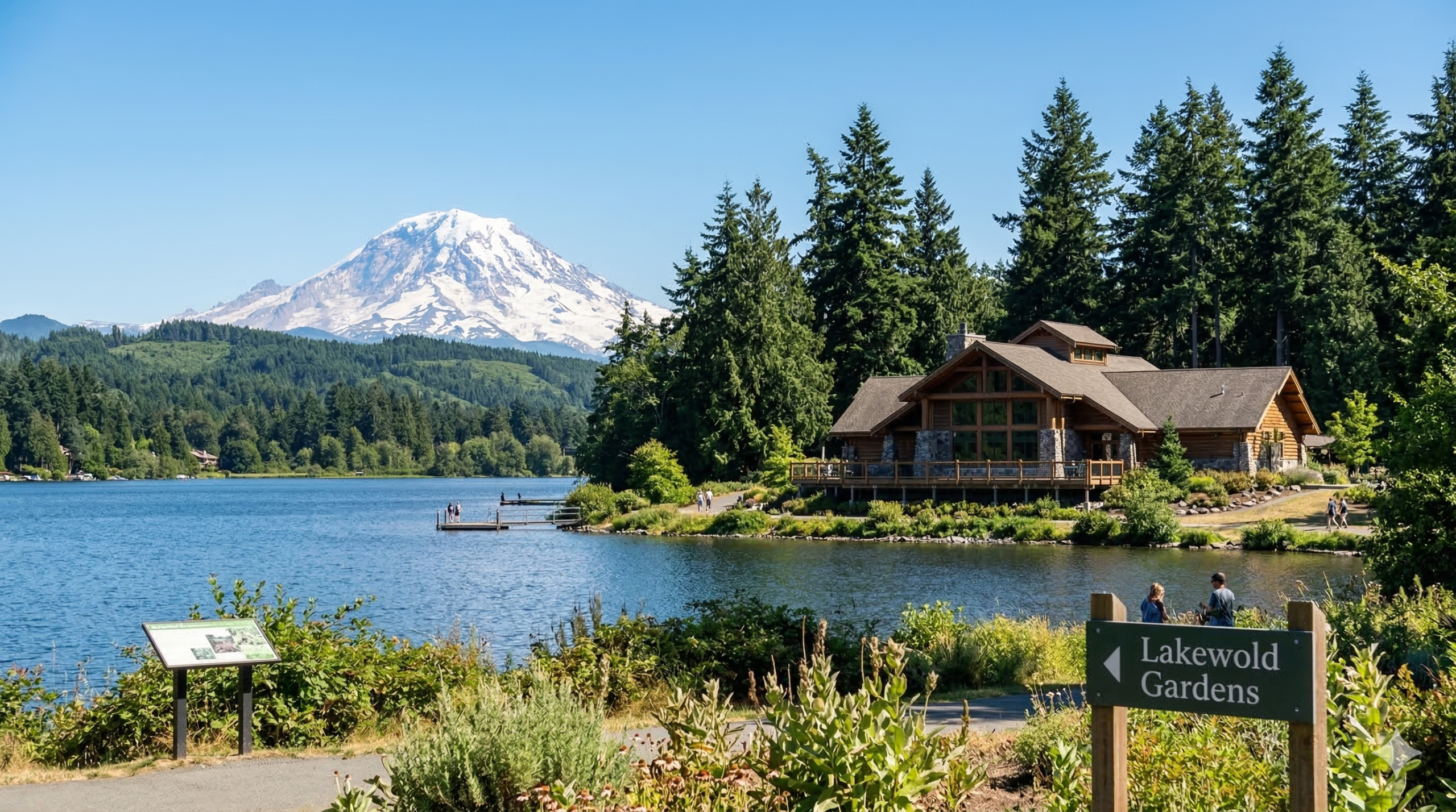 A scenic view of Lakewold Gardens with a rustic building and mountain background