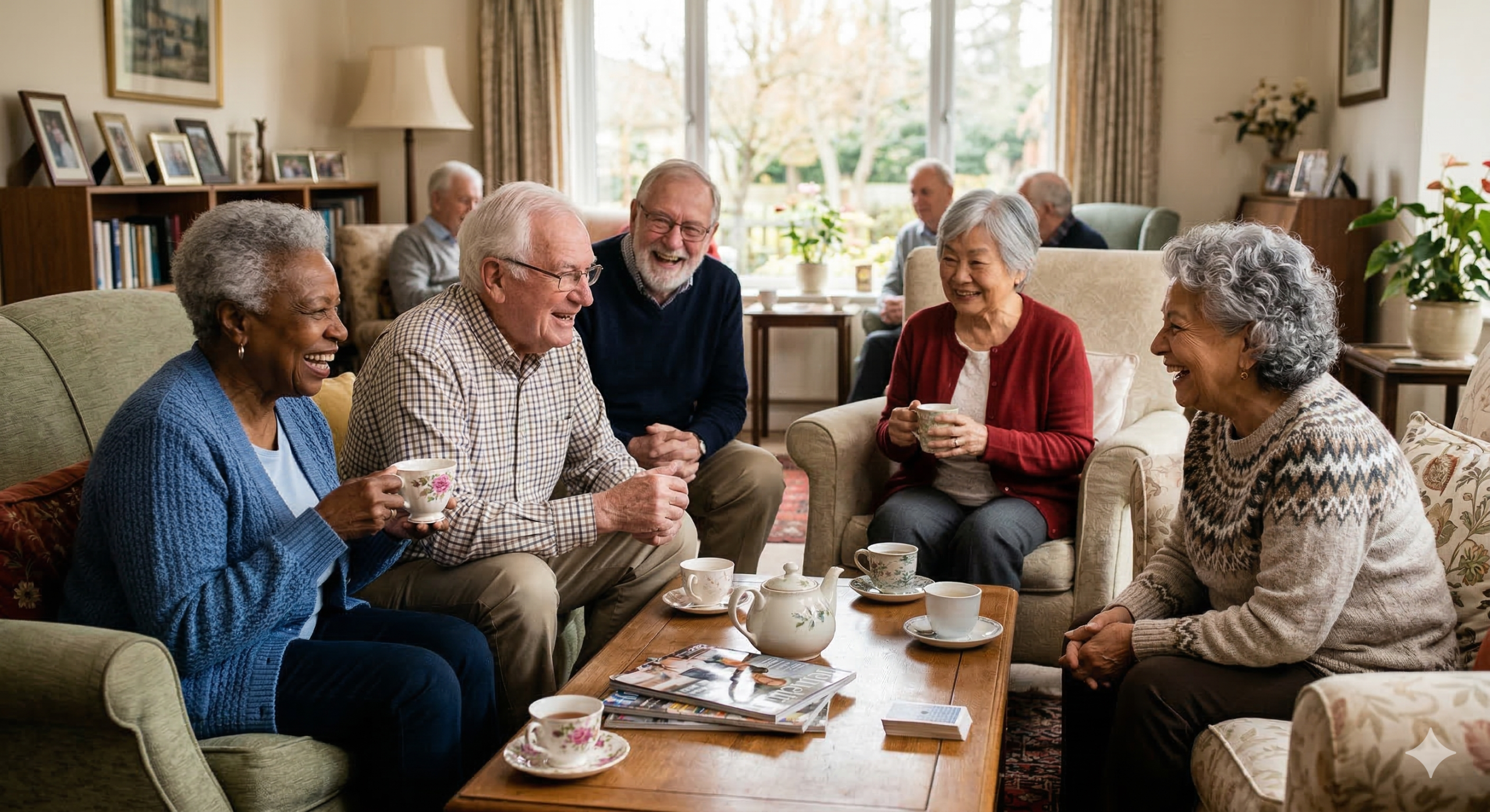 Group of elderly residents enjoying tea and conversation