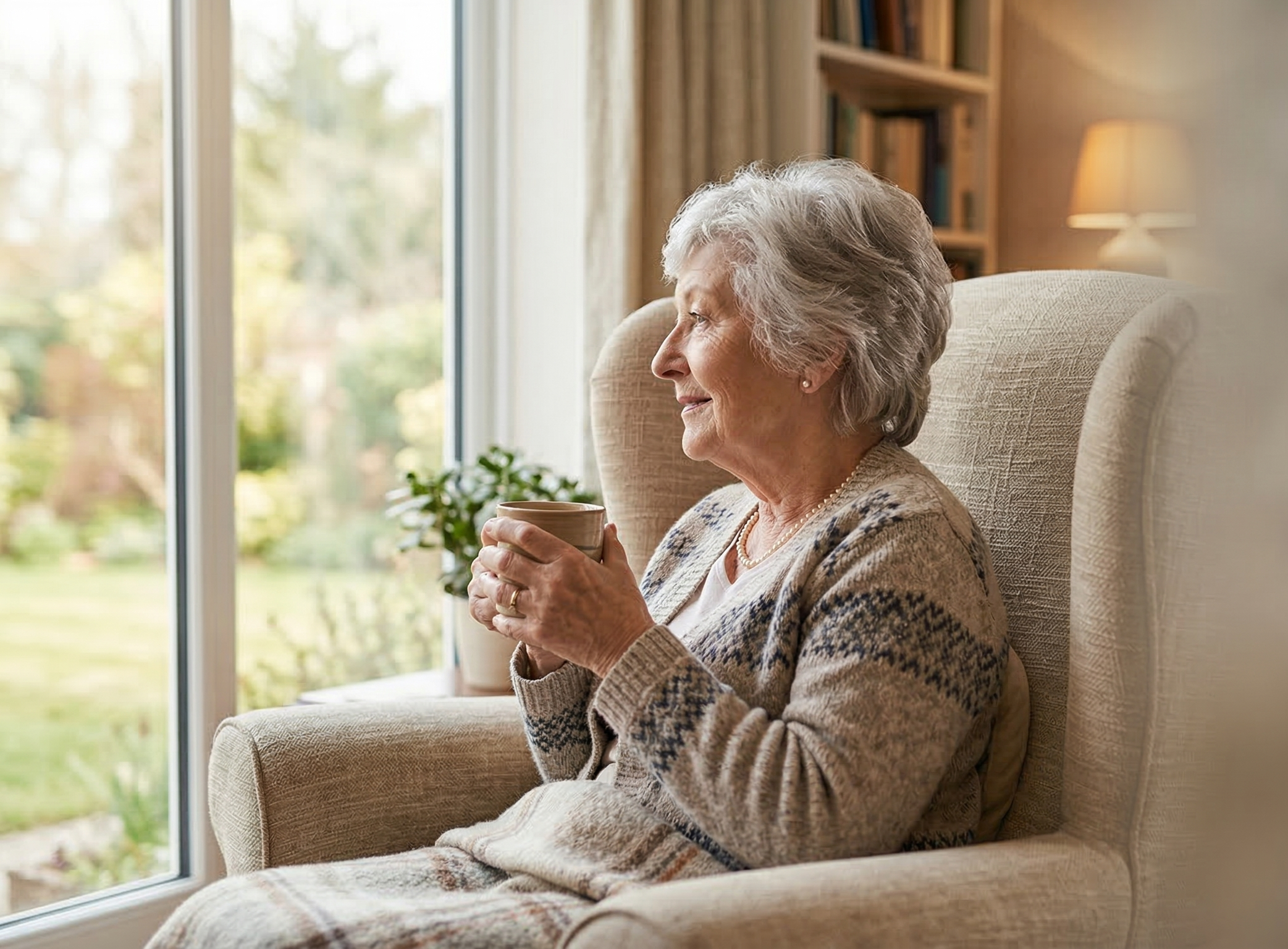 Senior woman enjoying tea in a cozy chair by the window