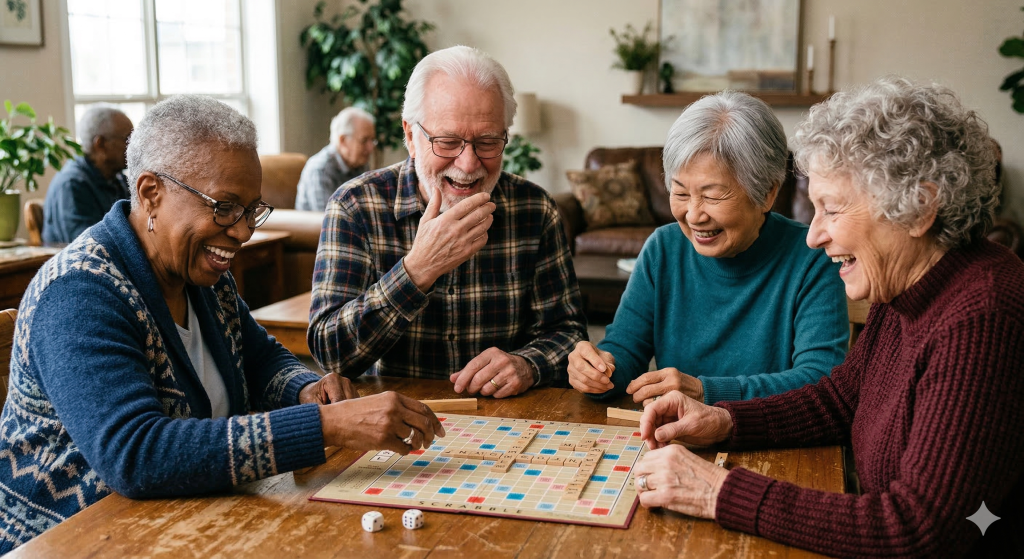 Residents enjoying a game of Scrabble in a common area