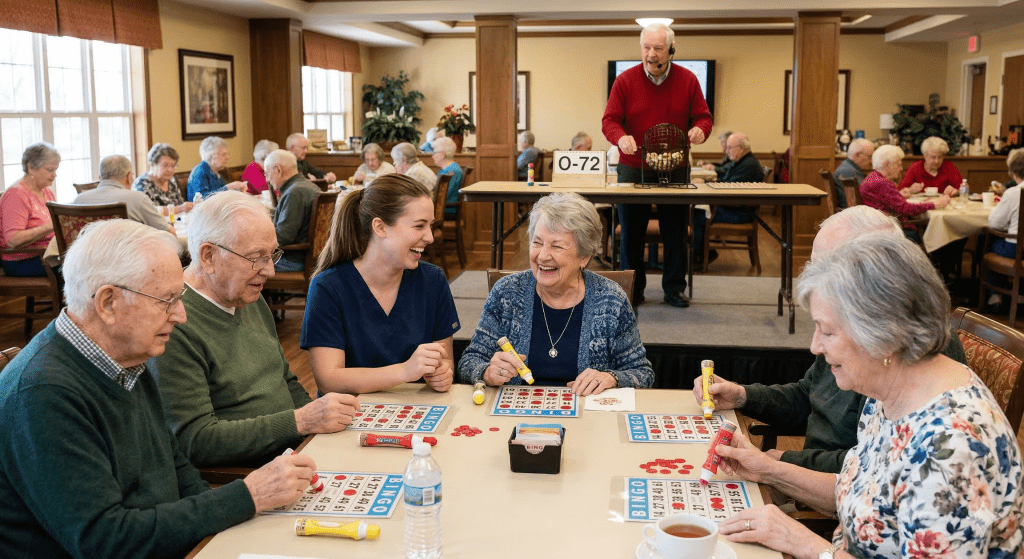 Residents enjoying a bingo game in a common area