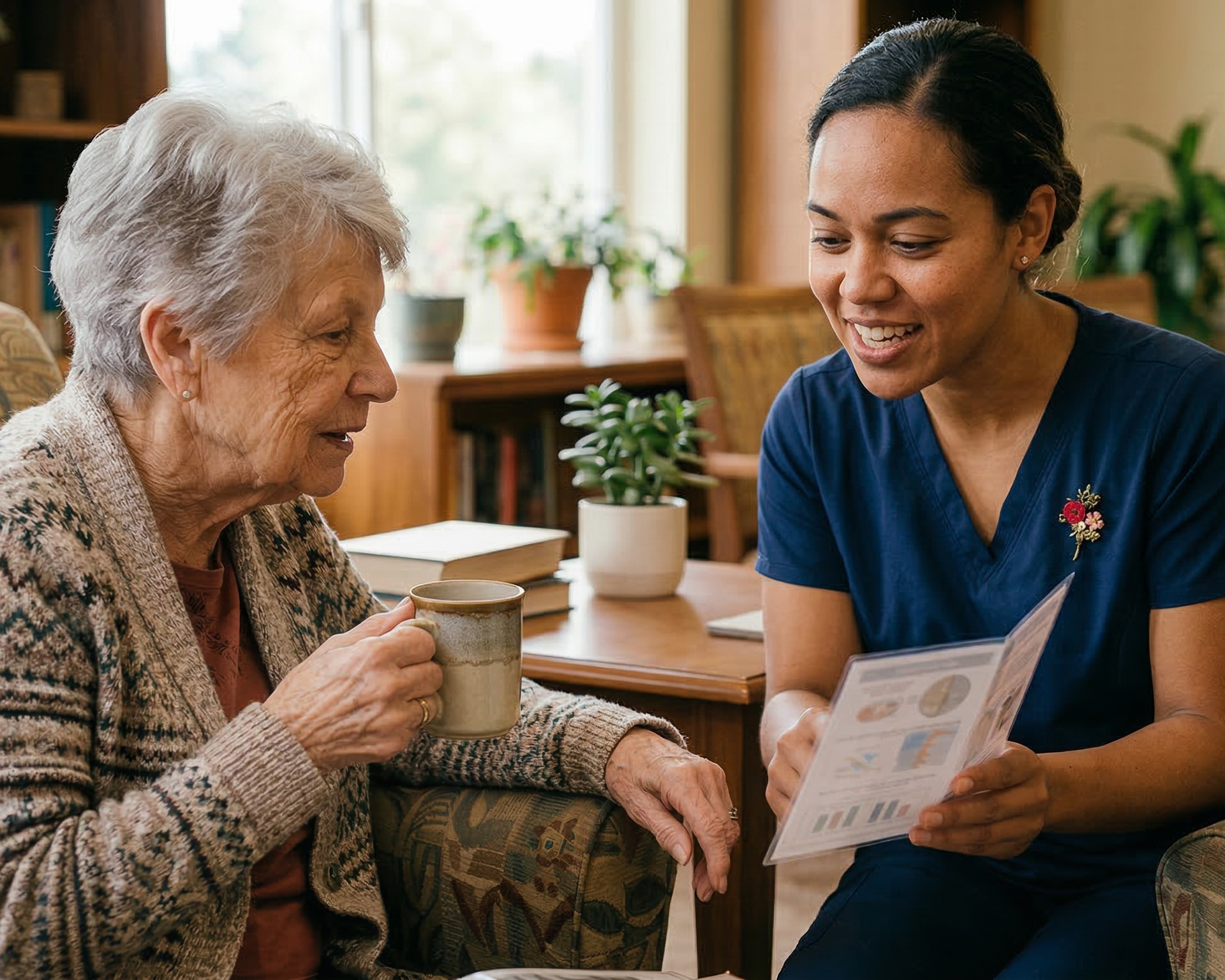 A caregiver discussing with an elderly resident indoors