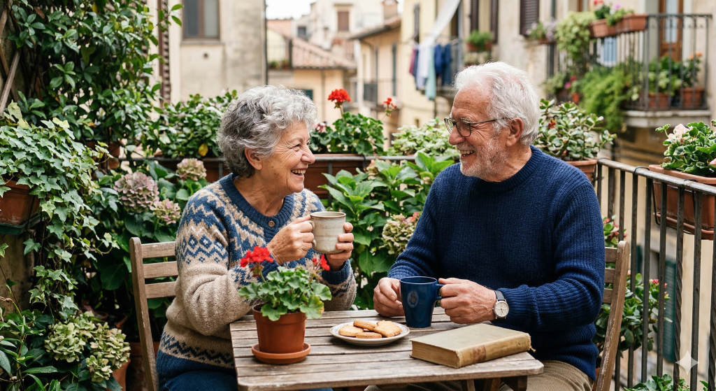 Two seniors enjoying coffee on a balcony surrounded by flowers