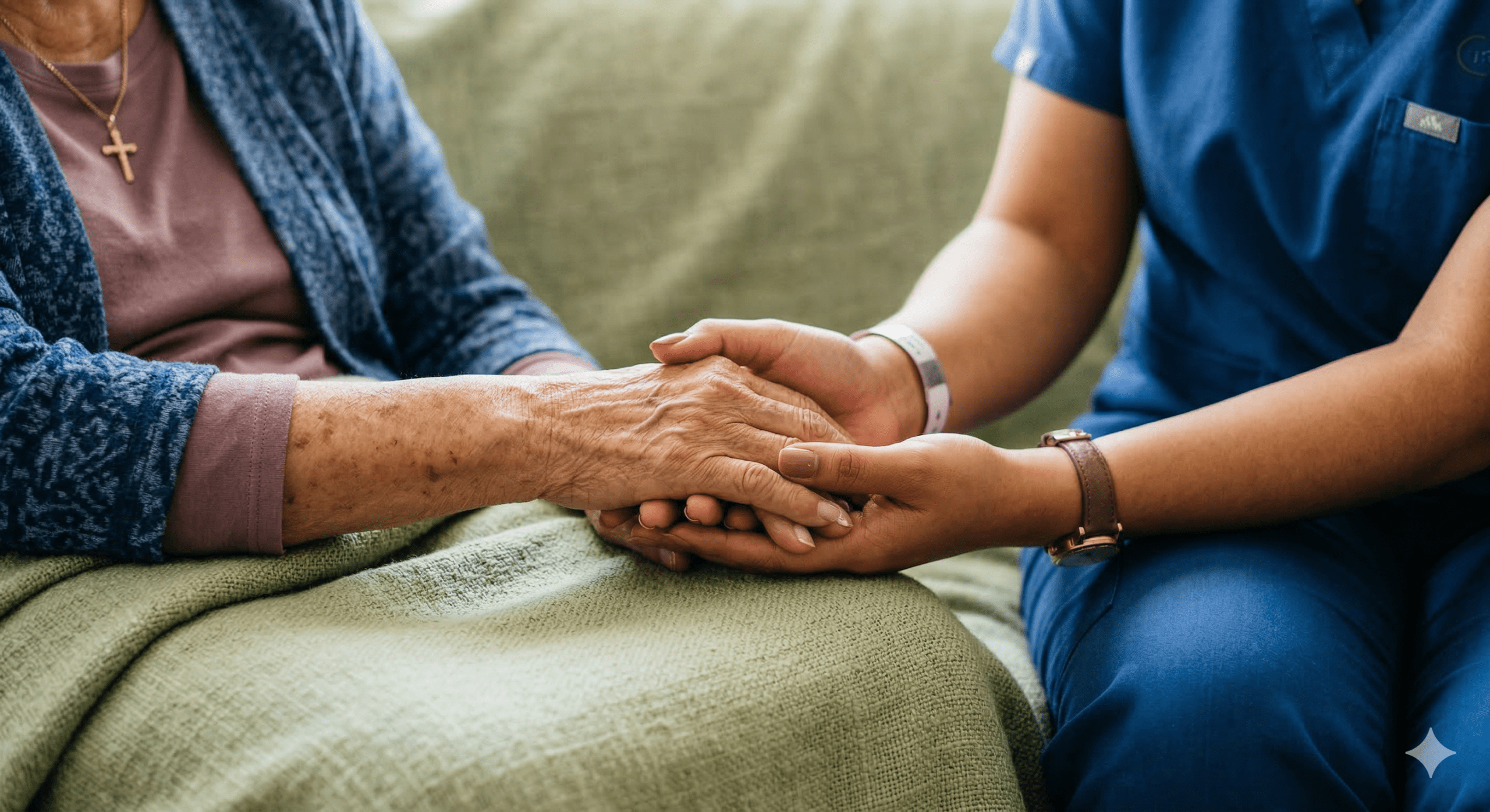A caregiver holding hands with a senior resident