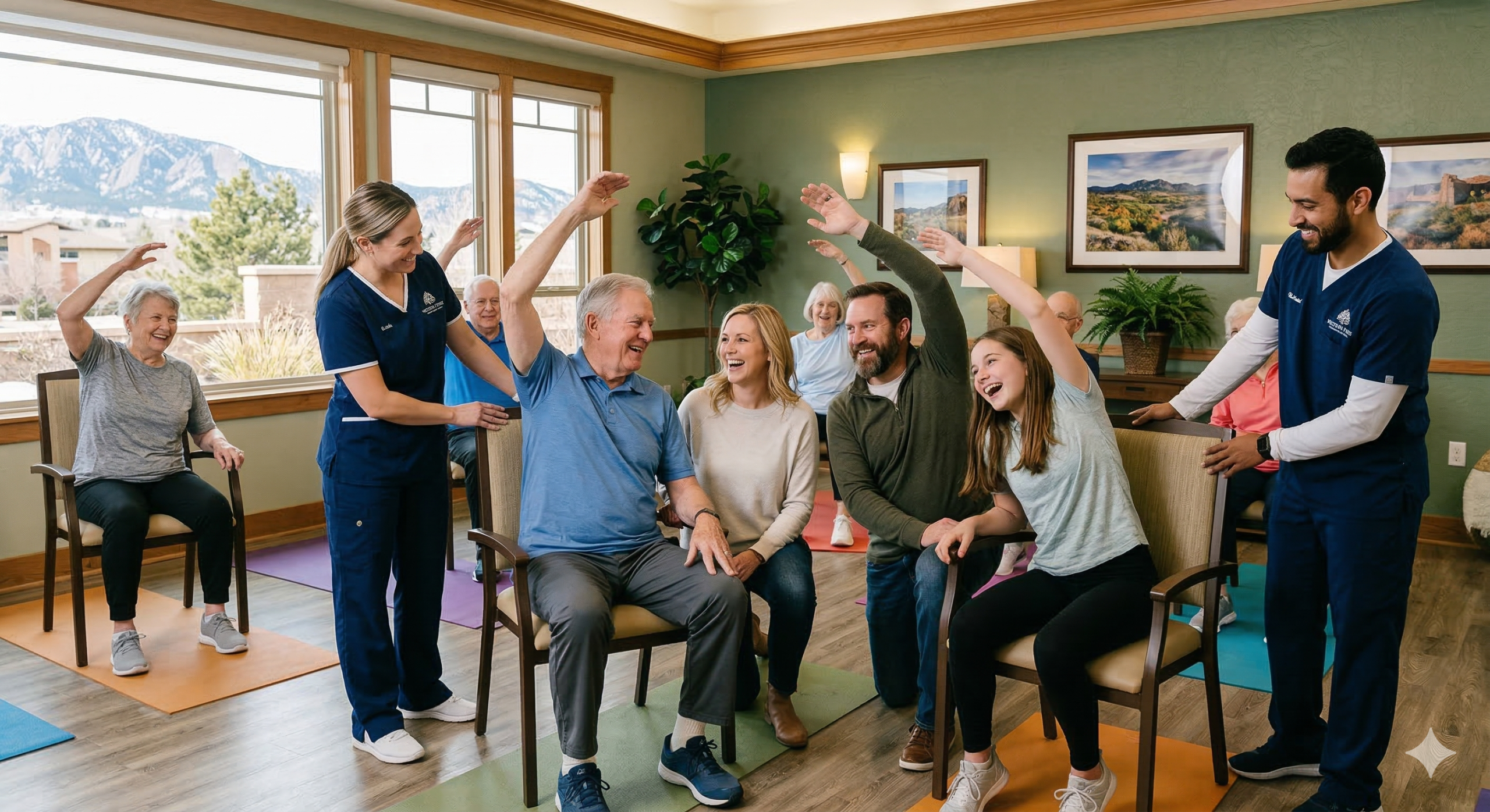Residents and staff enjoying a group activity in a common area.