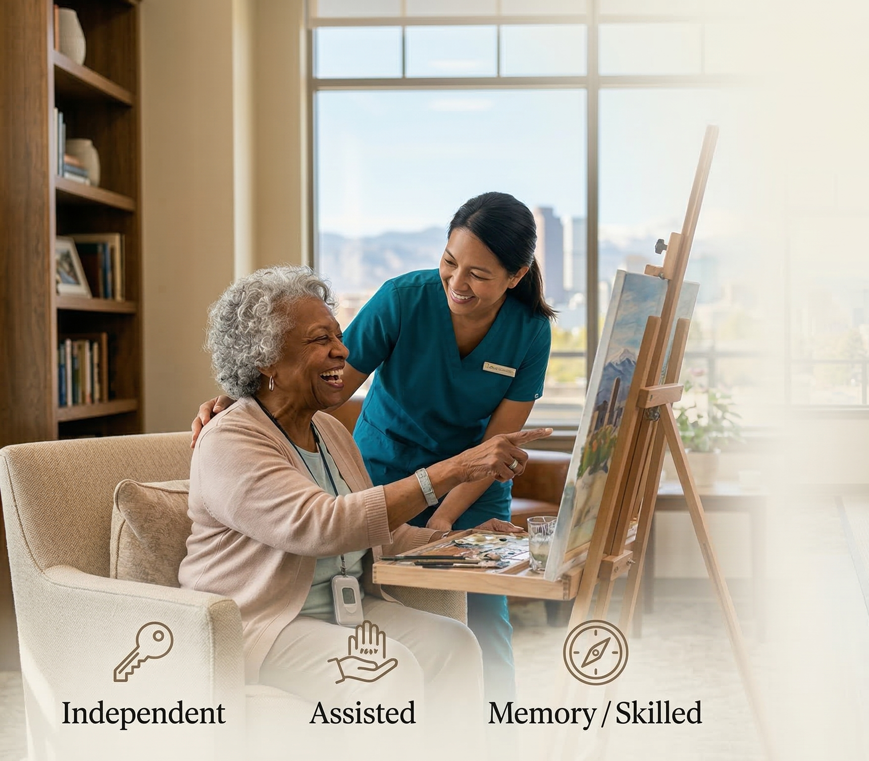 Residents engaging in art activity in a bright common area