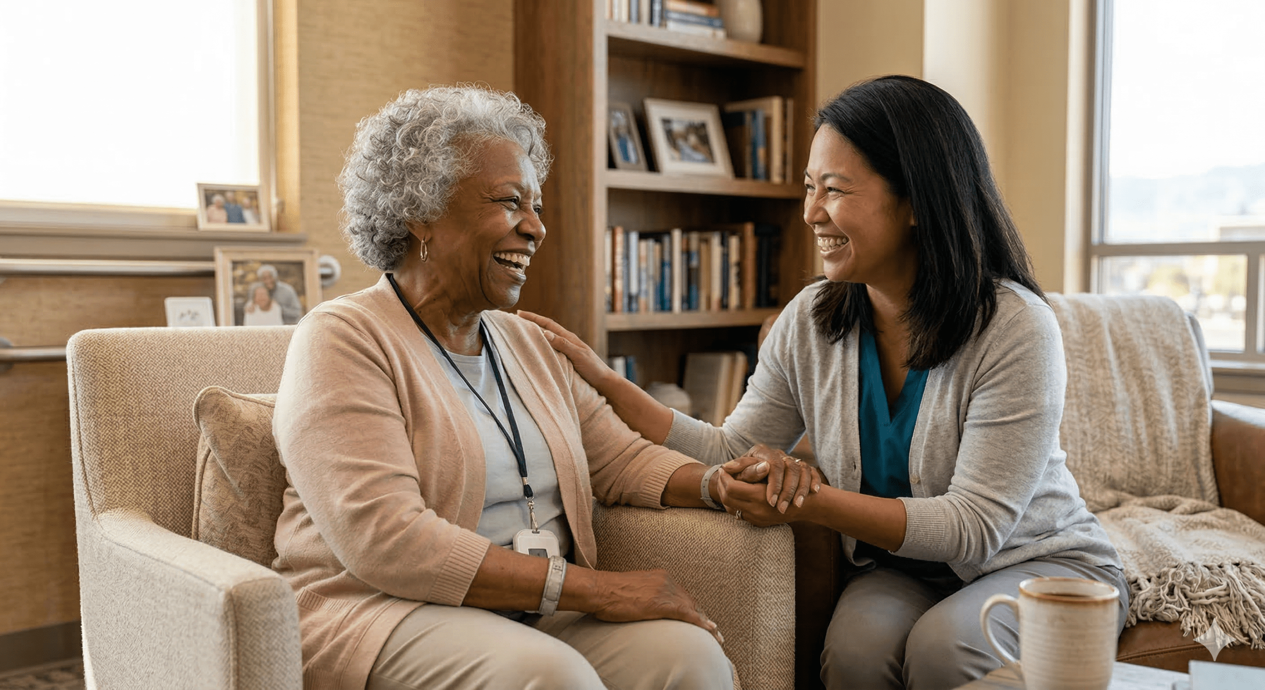 A caregiver smiling with a resident in a cozy interior space.