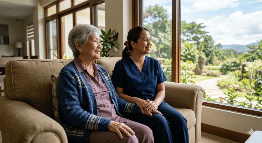 Resident and staff member enjoying time together indoors