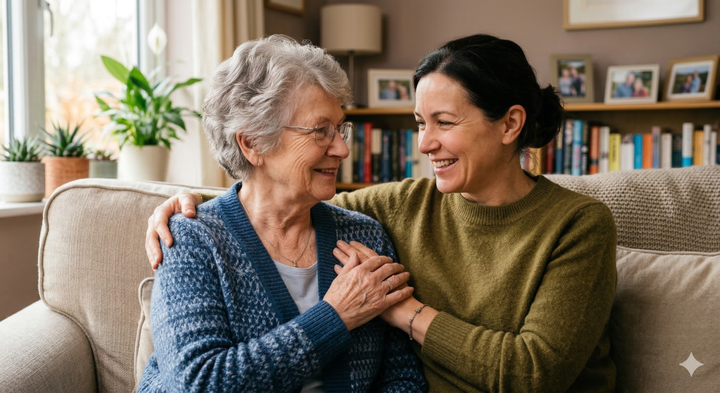 A resident and caregiver sharing a joyful moment indoors.