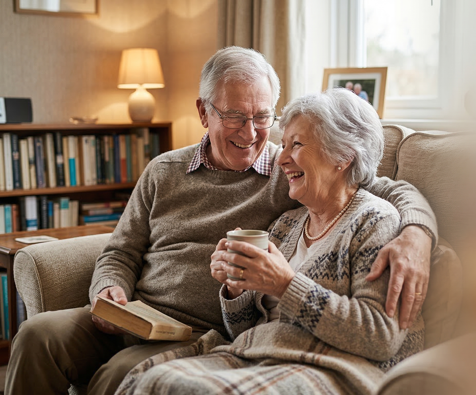 Couple enjoying tea and laughter in a cozy living room