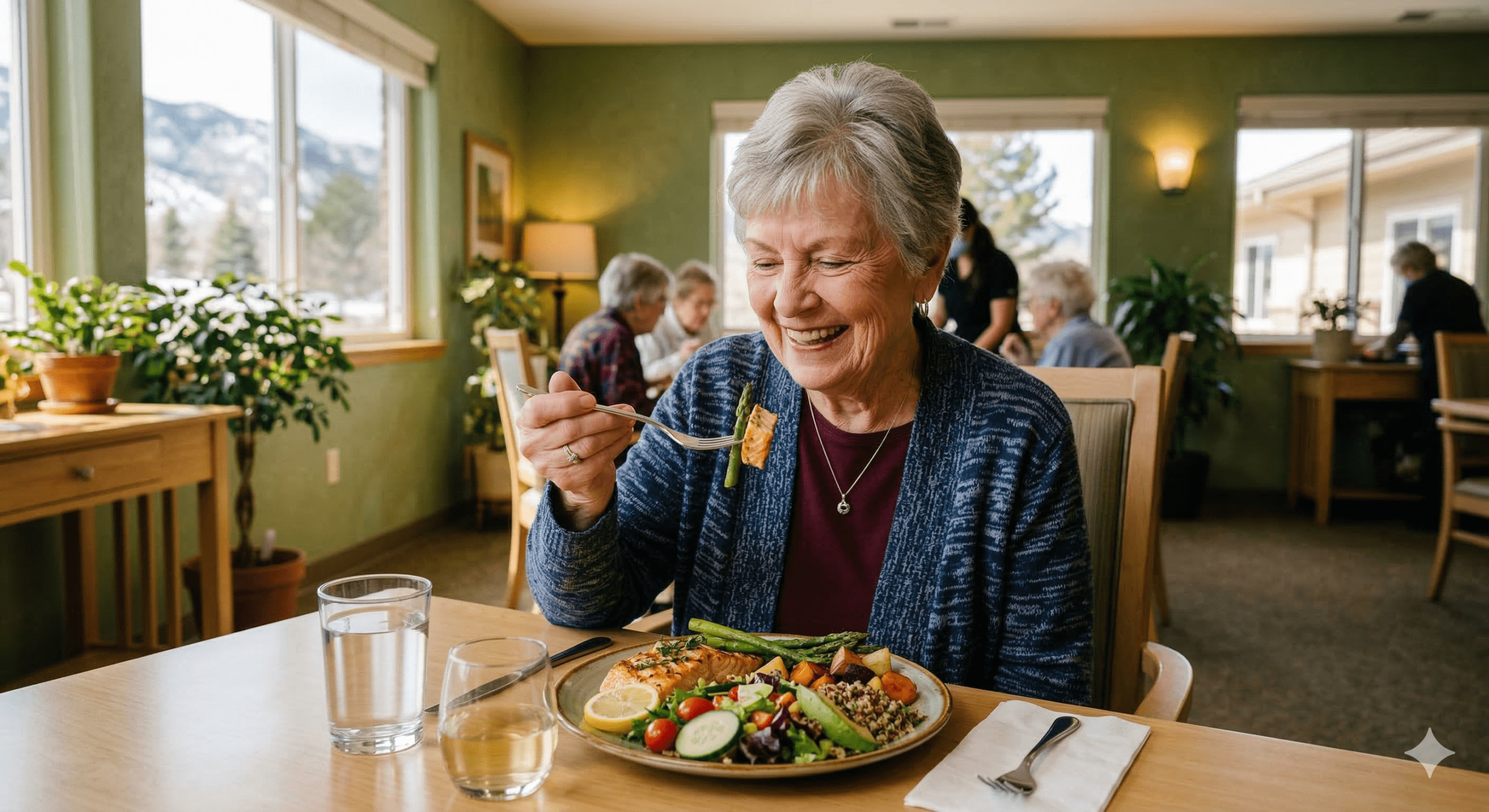 Resident enjoying meal in dining area