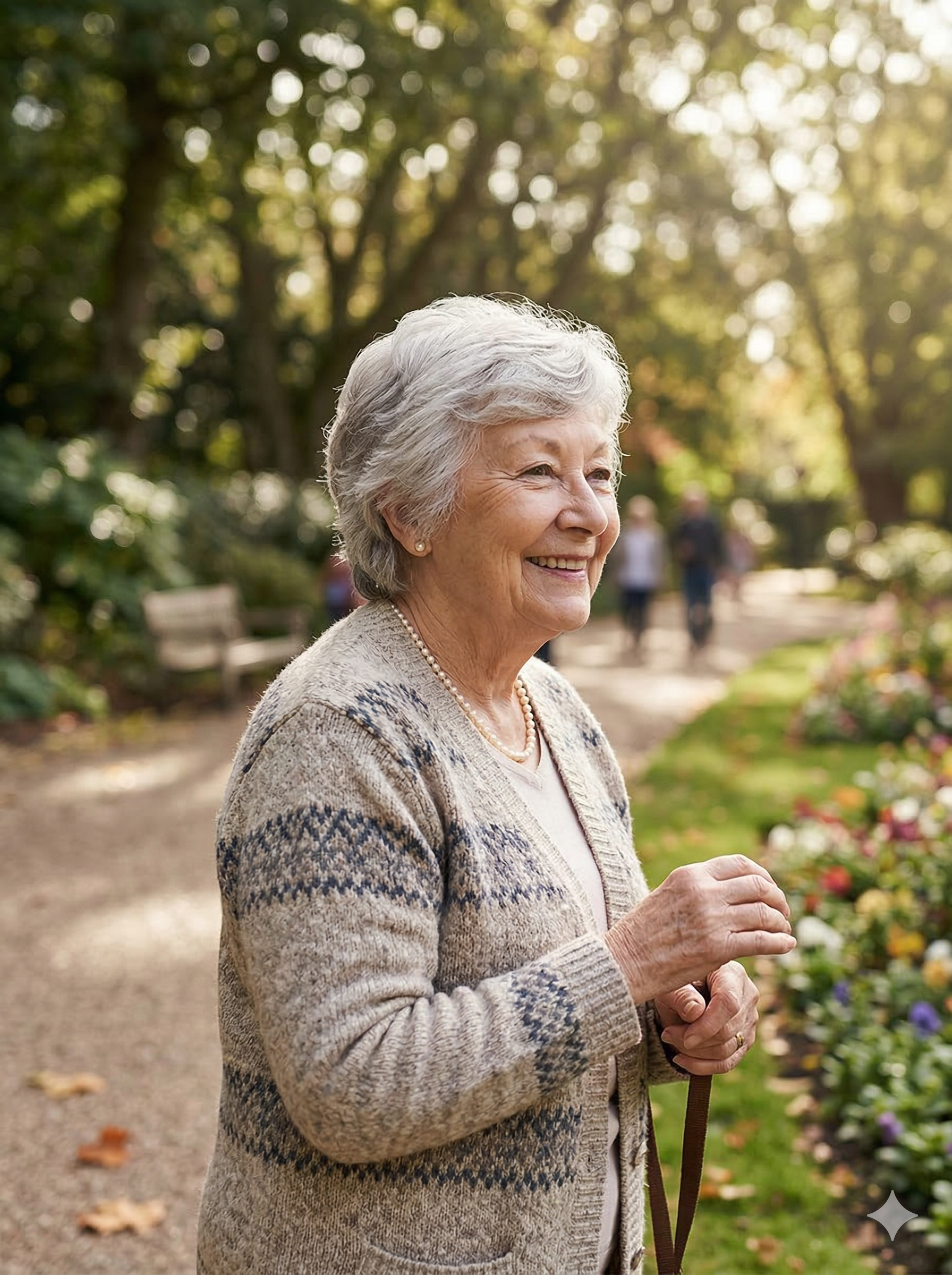 Senior woman smiling in a garden setting