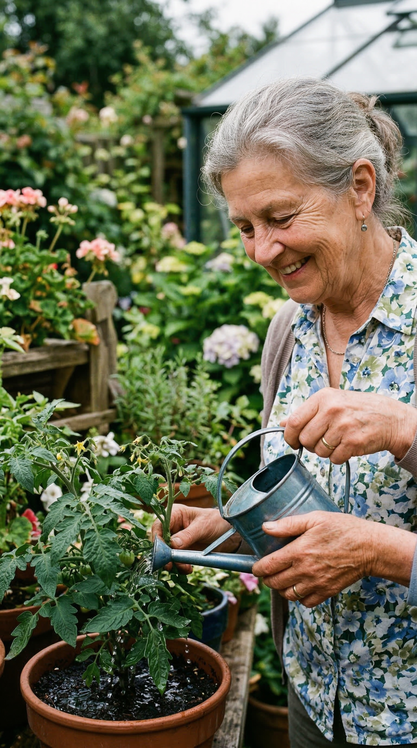 Senior woman watering plants in a vibrant garden