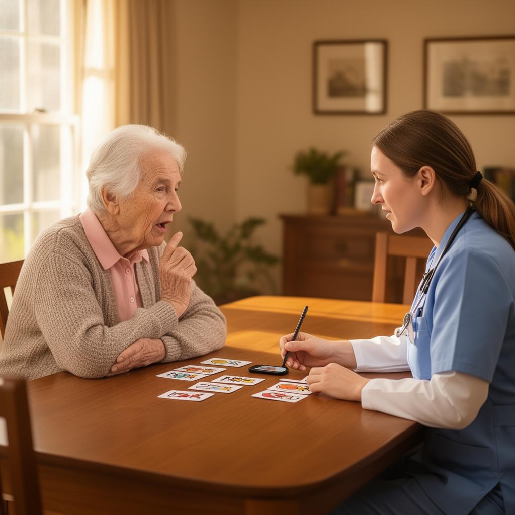 Senior woman engaged in a conversation with a nurse.
