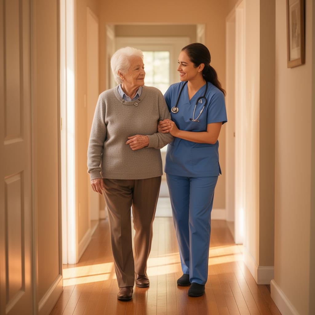 Caregiver assisting a resident in a hallway