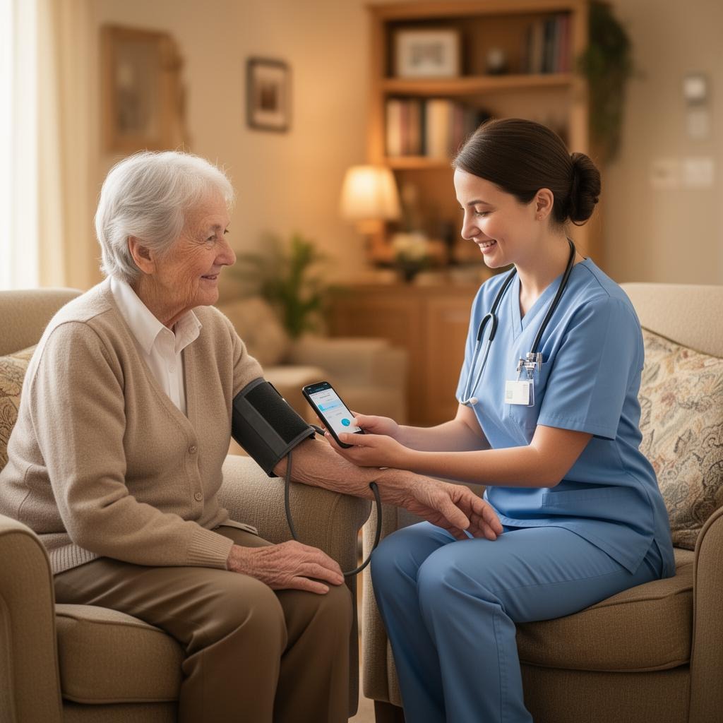 Nurse taking blood pressure of a senior resident