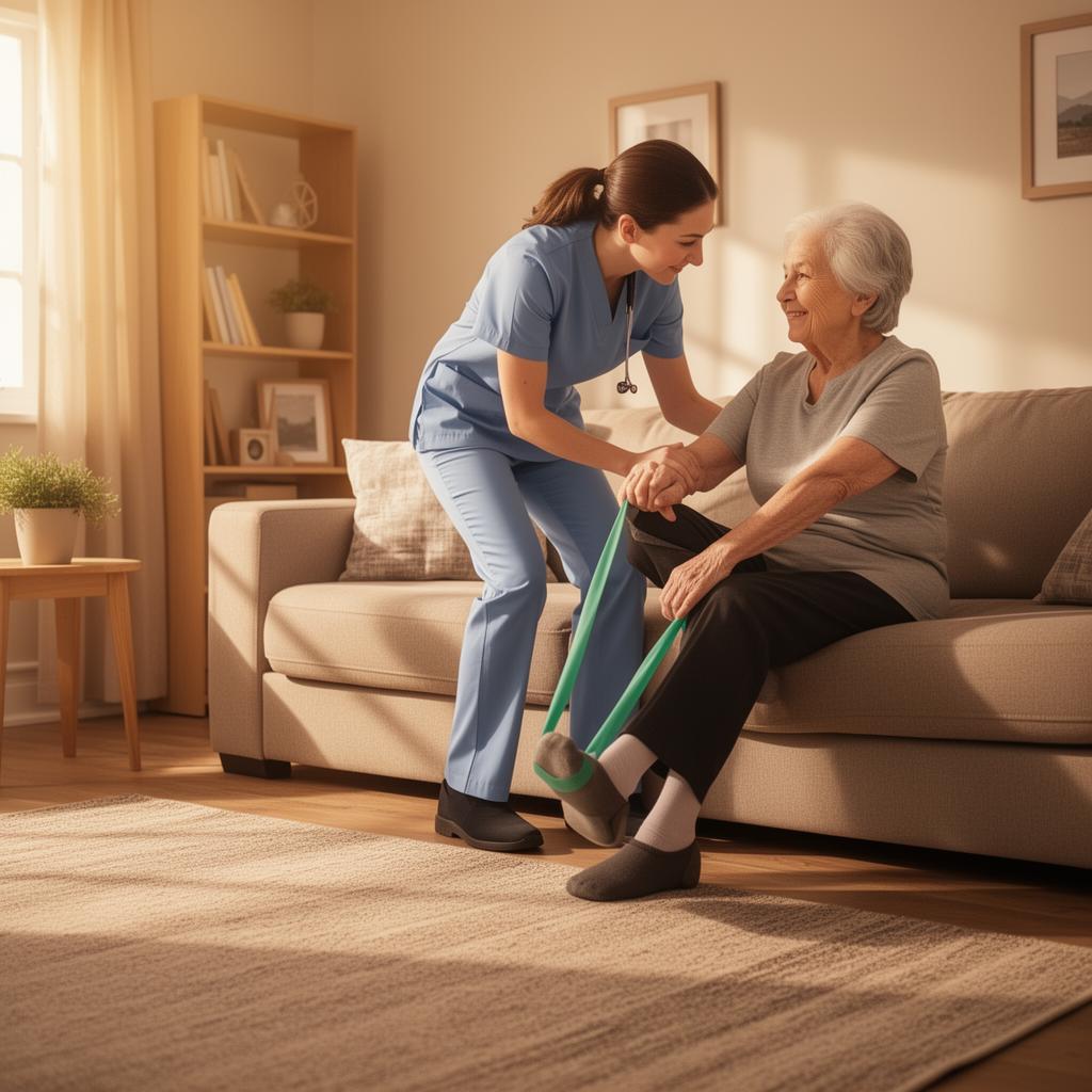 Nurse assisting an elderly woman in a living room.