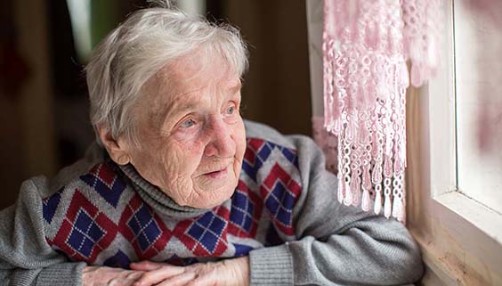 Elderly woman gazing out a window