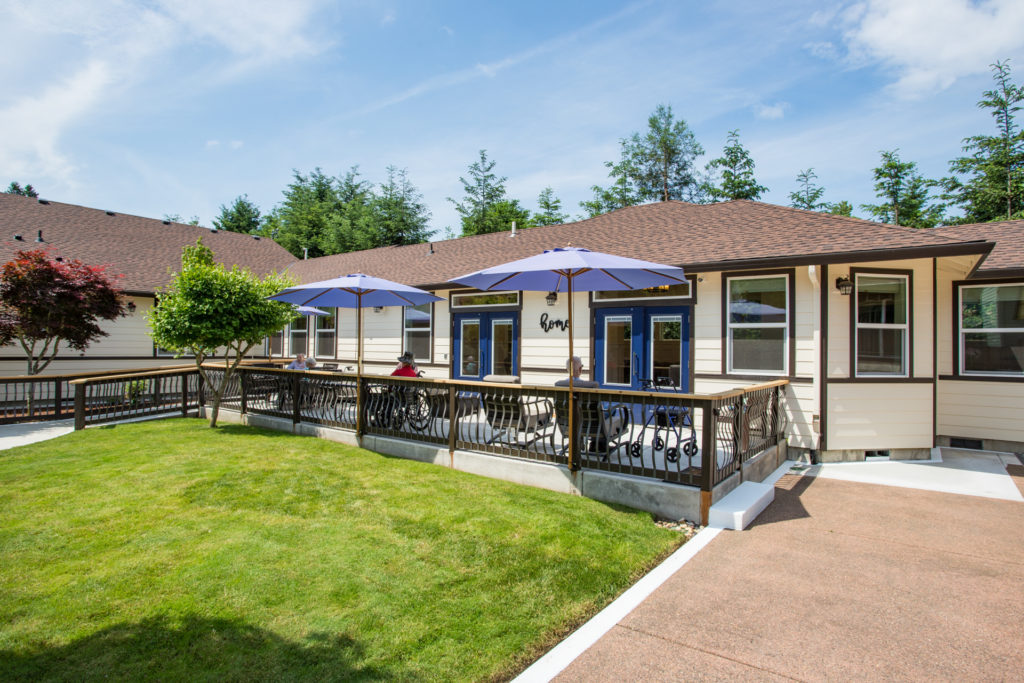 Outdoor areas with umbrellas and seating