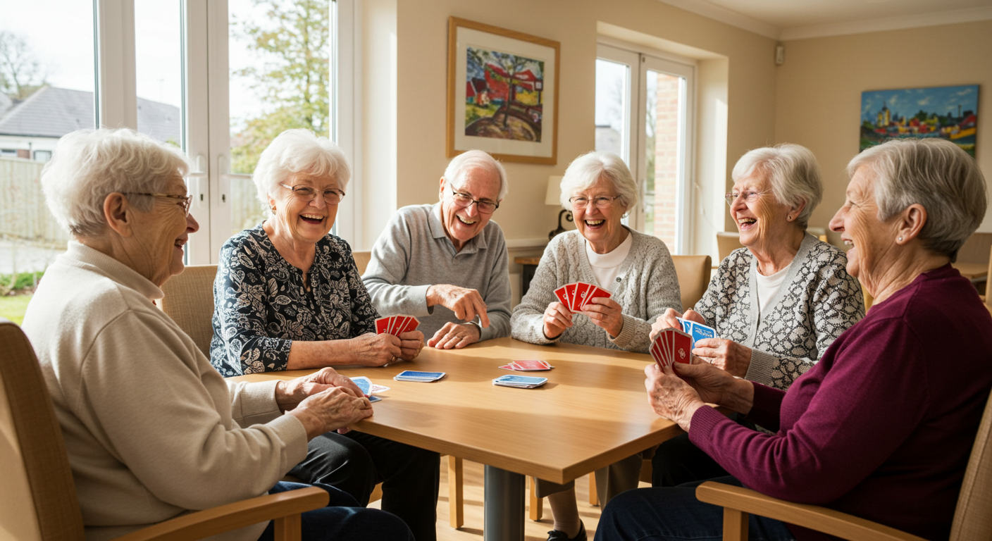 Residents enjoying a card game in a common area