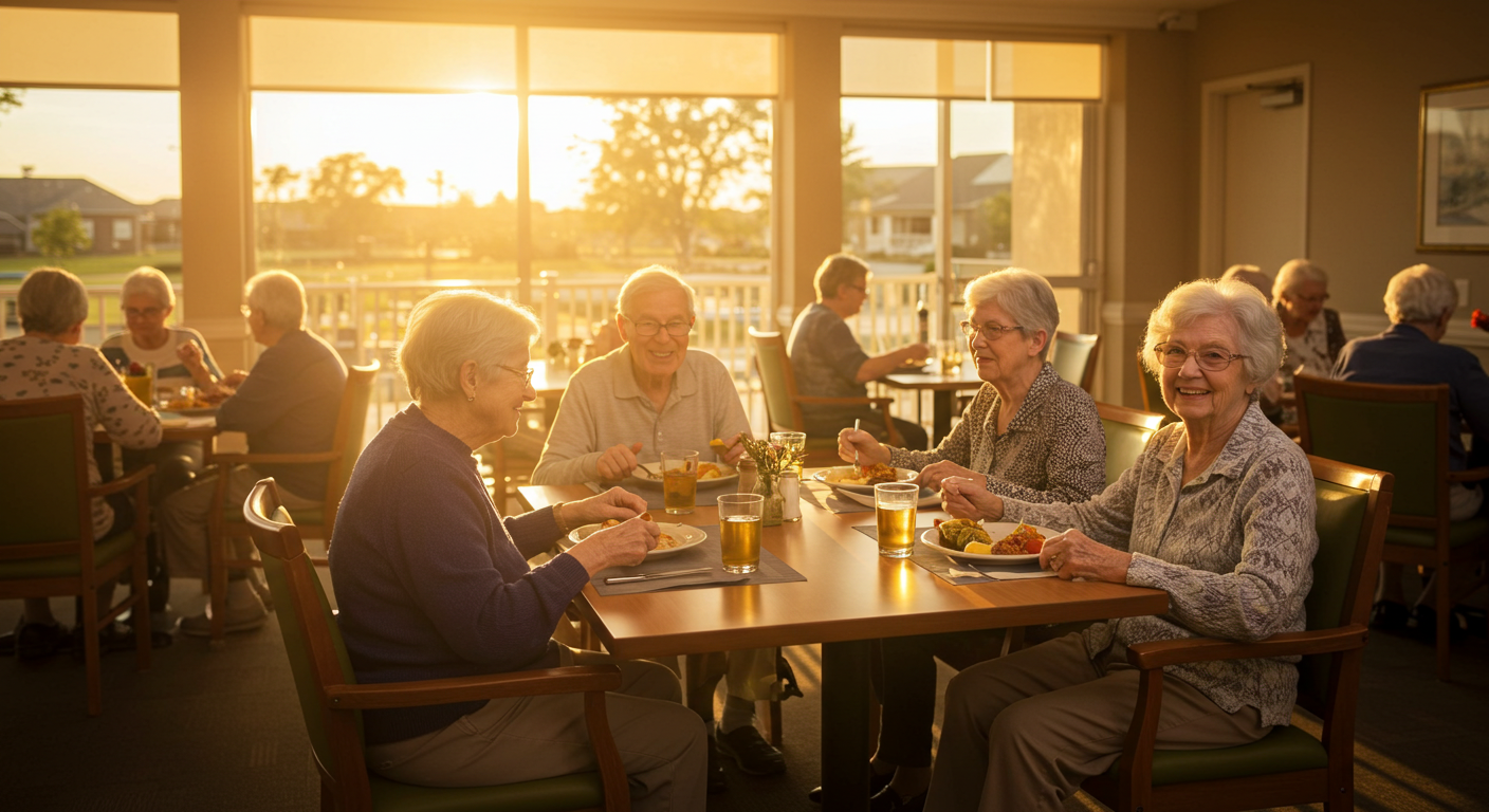 Residents enjoying a meal in a dining room