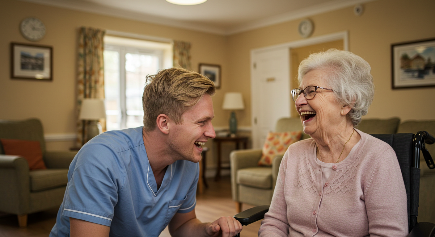 Caregiver and resident enjoying a joyful moment together.