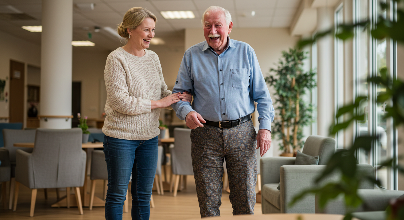 A staff member assisting a resident in a common area.