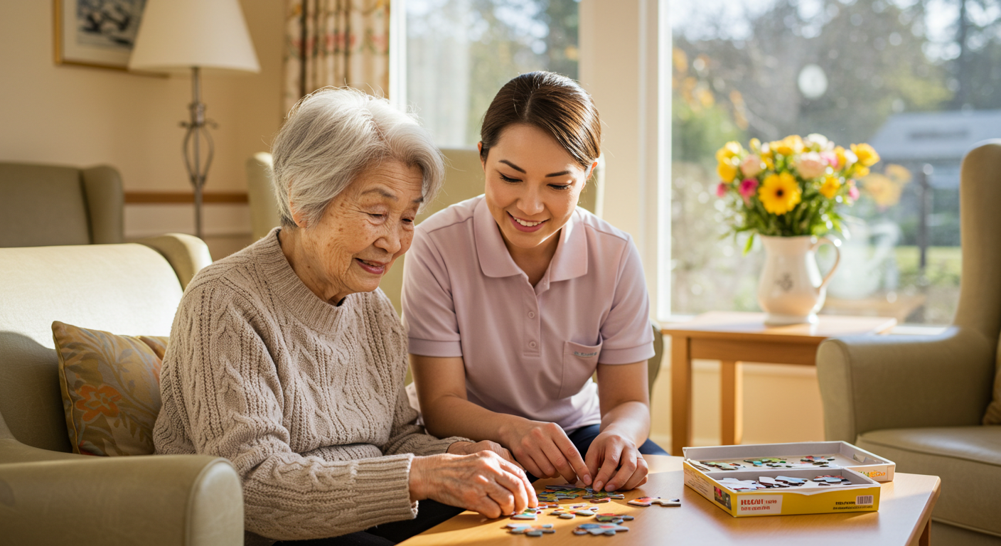 Senior resident and caregiver engaged in a puzzle activity.