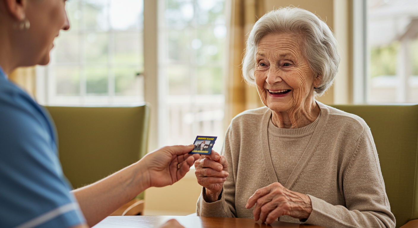 Happy older woman interacting with a caregiver.
