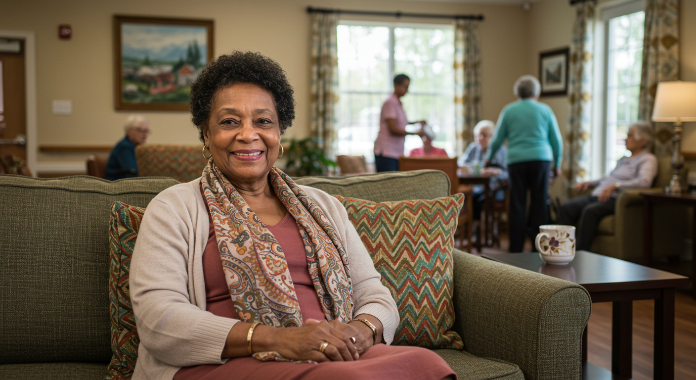 Resident smiling in a common area with activities.
