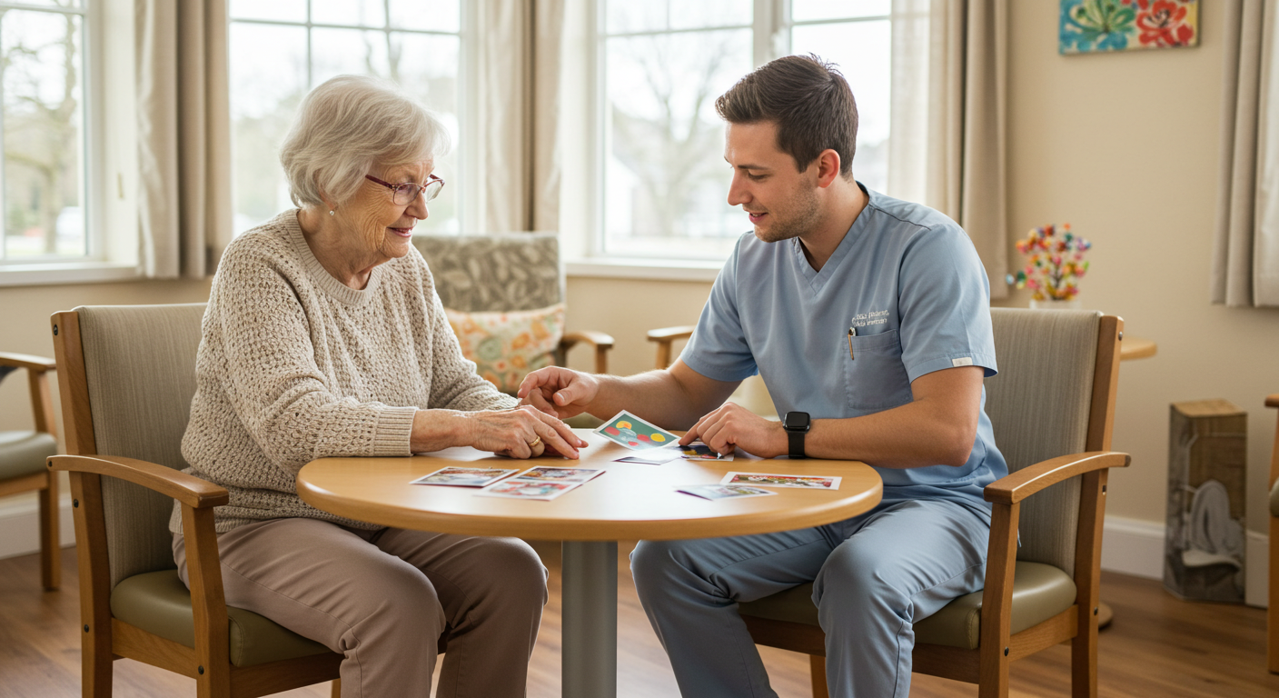 Caregiver assisting resident with pictures.