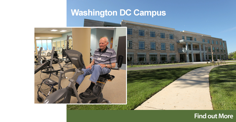 Resident using exercise equipment in facility gym.
