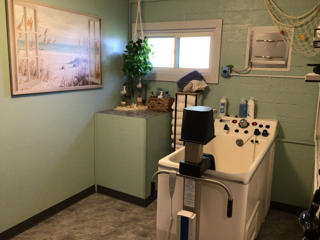 Therapy room with a soaking tub and decorative elements