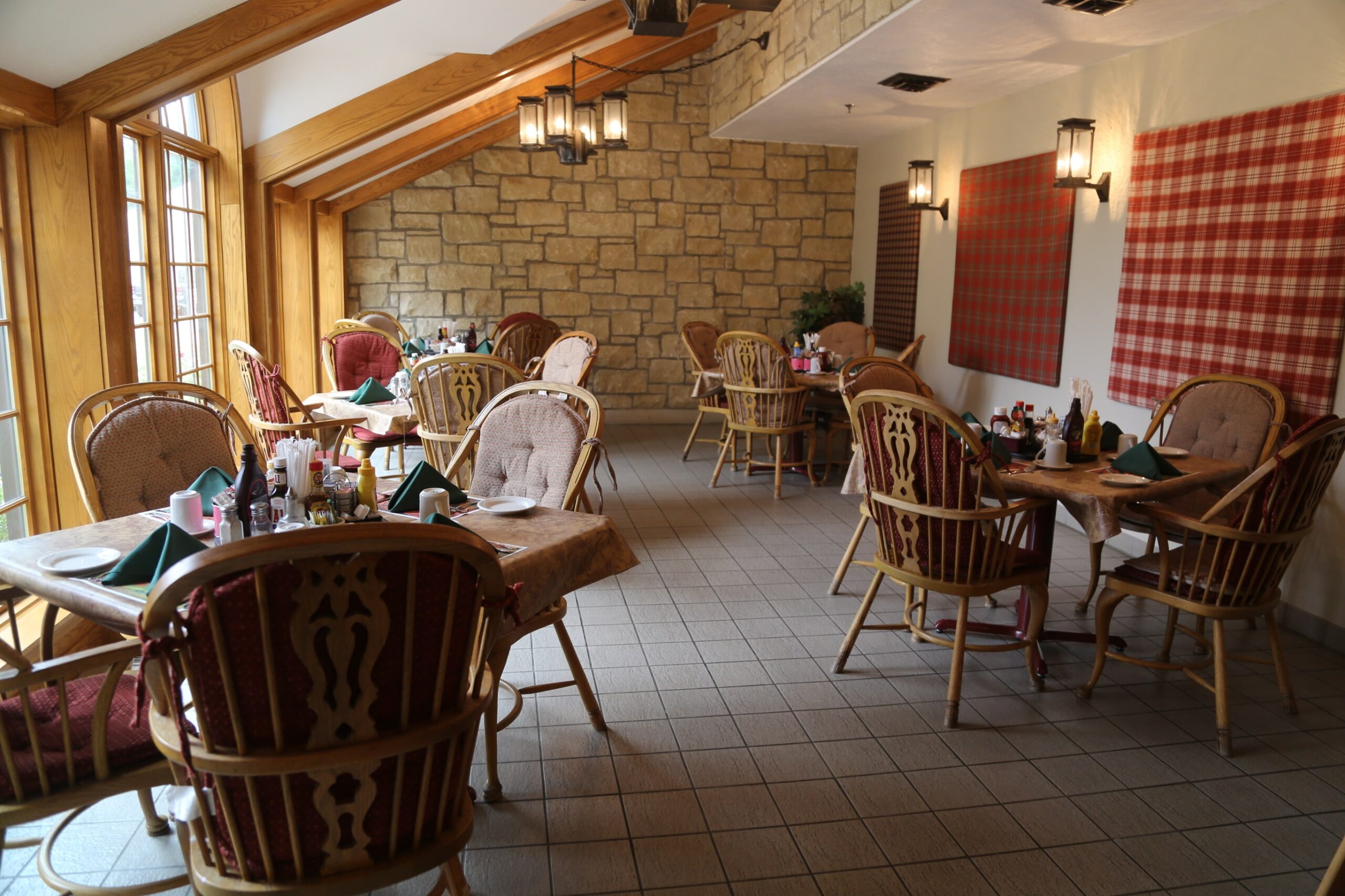 Interior view of a dining area with seating arrangements